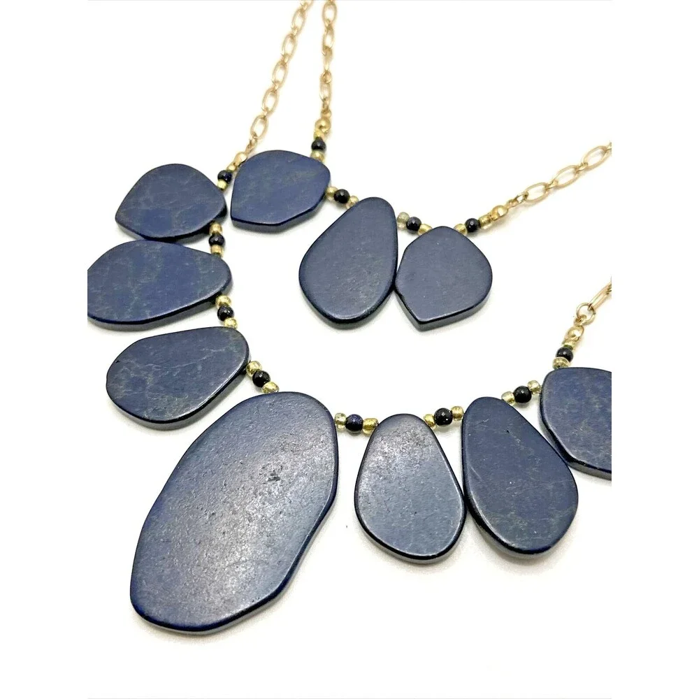 Vintage Blue Dragon Vein Bib Necklace Gold Tone Double Chain Statement 18